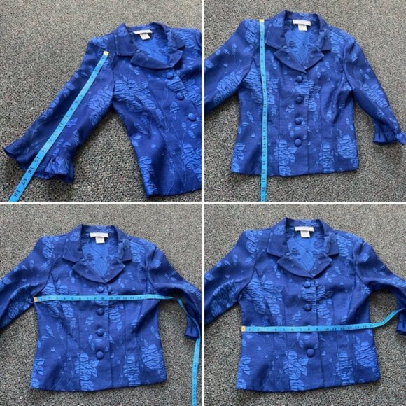 JESSICA HOWARD Vintage Blue Brocade Floral Ruffle Suit Jacket & Skirt Set Sz S-M - Picture 14 of 16